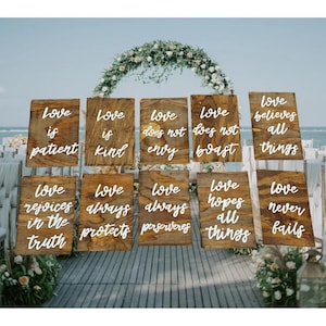 Set of 10 &#39;Love is Patient&#39; Wedding Aisle Signs – Rustic Hand-Painted Wooden Décor – 1 Corinthians 13 Bible Verse for Ceremony