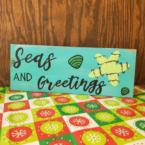 Beach Christmas Decor, Seas and Greetings, Coastal Christmas, Christmas Wall Art, Christmas Beach Sign, Holiday Sign, Starfish Christmas