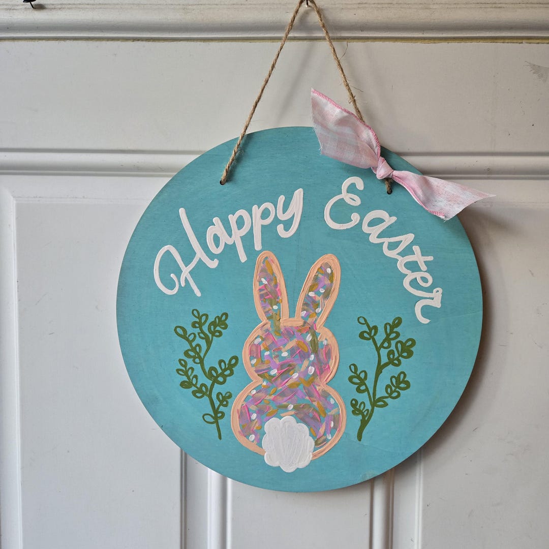 Easter Bunny Door Hanger - Hand Painted Bunny Wood Door Sign - Happy ...