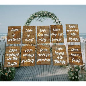 Set of 10 Wedding Aisle Signs, 1 Corinthians 13 Wedding Signs, Love is Patient, Love is Kind, Painted Custom Wood Wedding Signs, Sign bundle
