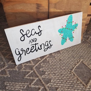 Beach Christmas Decor, Seas and Greetings, Coastal Christmas, Christmas Wall Art, Christmas Beach Sign, Holiday Sign, ready to ship