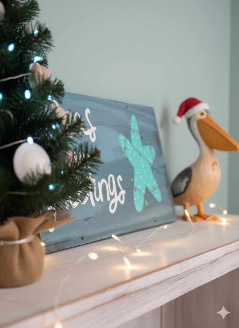 Coastal Christmas Wood Sign: Seas and Greetings, Beach Holiday Decor imagem 2