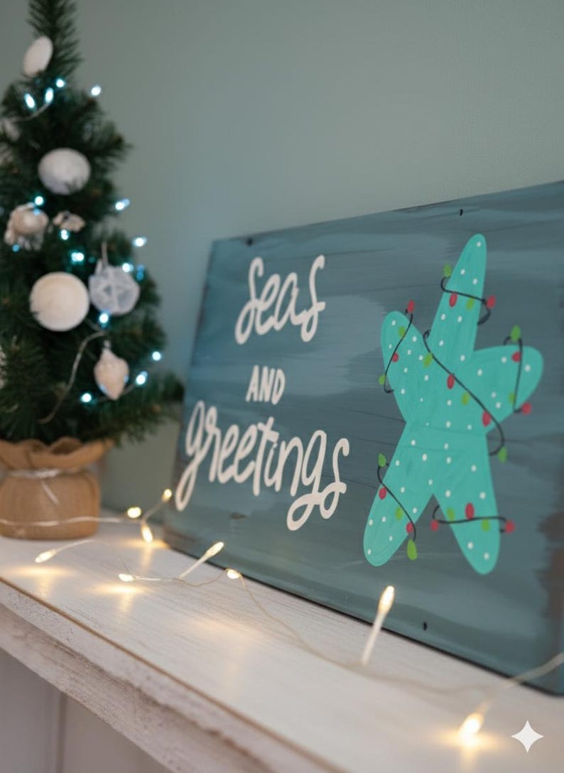 Coastal Christmas Wood Sign: Seas and Greetings, Beach Holiday Decor imagem 3