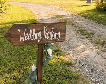 Hand Painted Wood Wedding Direction Sign, Custom Parking Arrow (Stake Included)