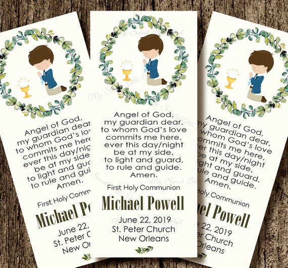 First communion favor card - holy communion remembrance card - greenery boy communion bookmark - digital file - in spanish too Il_570xn