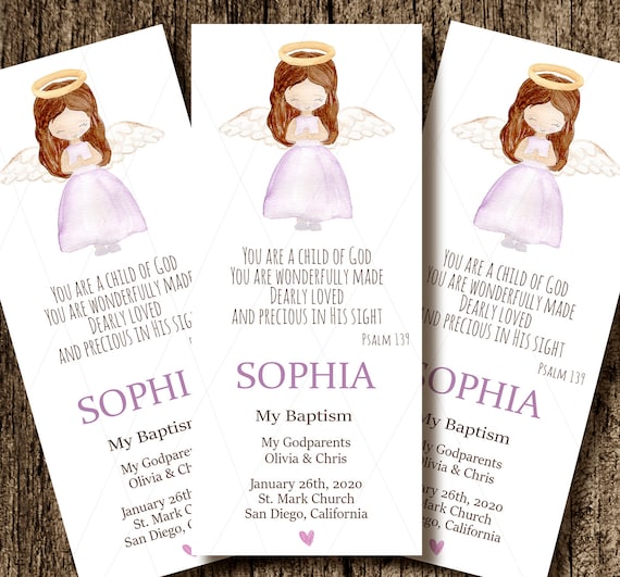 Baptism Bookmark favor card - christening remembrance card - baptism card printable - lavender angel favor - digital file - in spanish too Il_570xn
