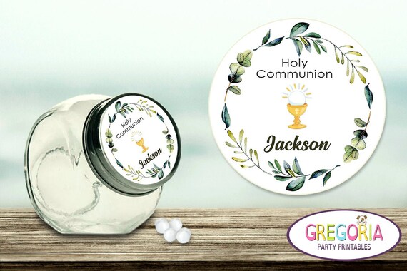 First Communion thank you sticker - greenery favor tag - first communion greenery card - wreath printable - chalize label - Holy communion Il_570xn