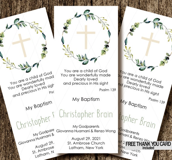 Greenery baptism Bookmark- baptism favor card - christening remembrance ...
