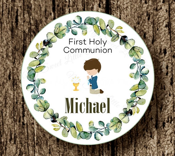 First Communion sticker - greenery favor thank you tag - first communion greenery card - wreath printable - chalize label - Holy communion Il_570xn