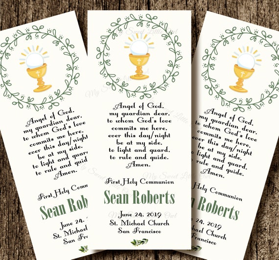First communion favor card - greenery holy communion remembrance card - boy communion bookmark - digital file - wreath - in spanish too Il_570xn