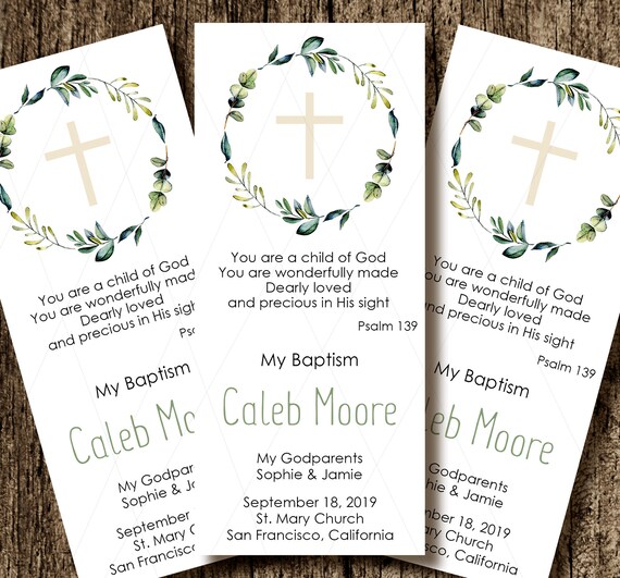 Greenery baptism Bookmark favor card - christening remembrance card - baptism printable - greenery card - digital file - in spanish too Il_570xn