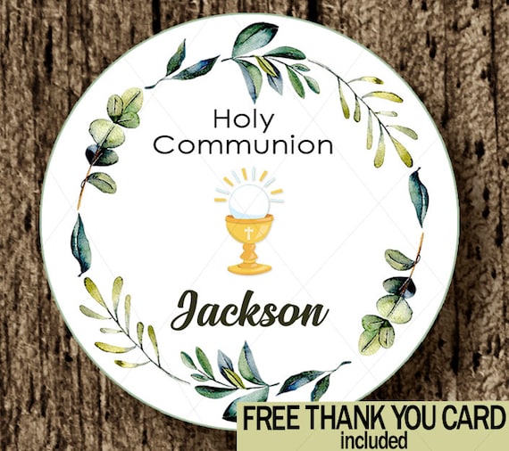 First Communion thank you sticker - holy communion greenery favor tag ...