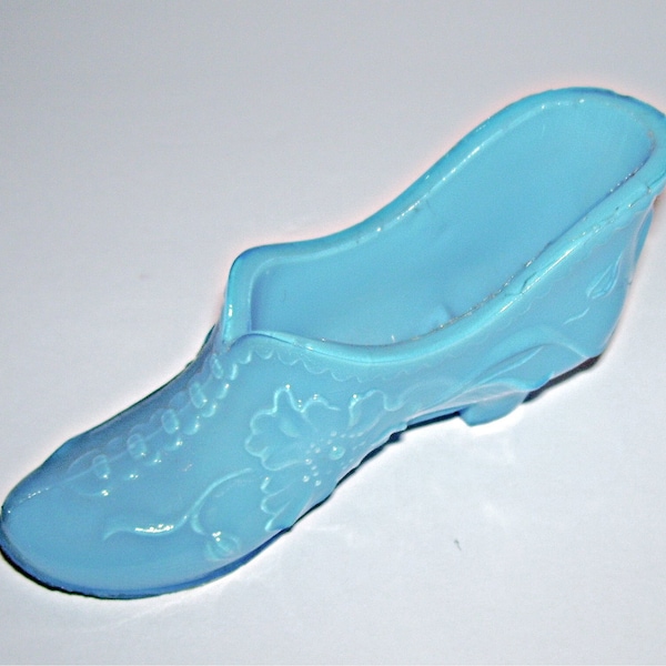 Antique  Blue Milk Glass Shoe Slipper Victorian Molded Flowers