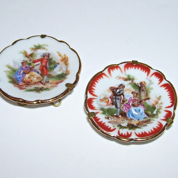 2 Limoges Miniature Plates with Stands Courting Couple Gold Trim