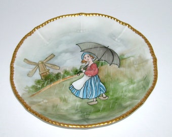 Vintage Hand Painted Plate Dutch Girl and Umbrella Elite Limoges Works Blank