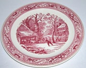 Royal China Memory Lane Snowy Morning 12 quot Round Platter Red Pink Transferware
