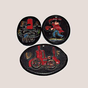 3 Miniature Firemarks Vintage Cast Iron Firefighter Wall Decor