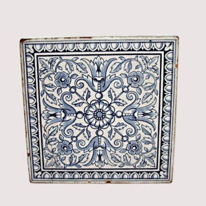 Antique Minton Tile  Ceramic Blue White Square Floral Design Mintons China Works Stoke On Tent As is Repair