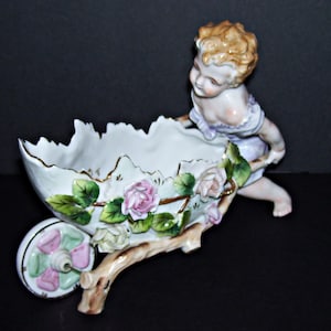 Antique Cherub Putti Child Pushing Wheel Barrow Figural Bowl Planter Sitenzdorf Mark