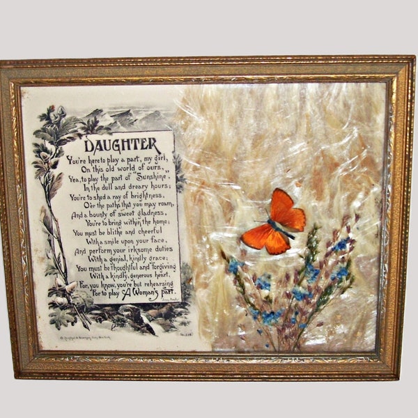 Vintage Framed Daughter Motto Poem Reinthal Newman Lithograph Butterfly Flowers