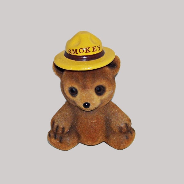 Norcrest Flocked Fuzzy Smokey Bear Figurine With Ranger Hat Vintage Approx. 2.75" Tall