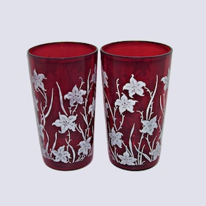 2 Anchor Hocking Ruby Red Glass Tumblers with White Lily Flowers Vintage