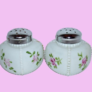 Antique Gillinder Beaded Milk Glass Salt and Pepper Shakers: Hand-Painted Pink Flowers