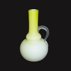 Antique Art Glass Yellow White Satin Cased Vase Small Pitcher Ewer 6&quot;