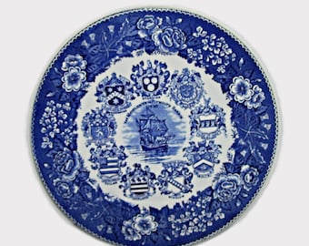Vintage Mayflower Ship Plymouth Harbor Blue Transferware Plate with Family Crests
