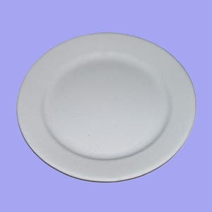 May include: A white ceramic plate with a slightly raised rim. The plate is smooth and has a subtle sheen.