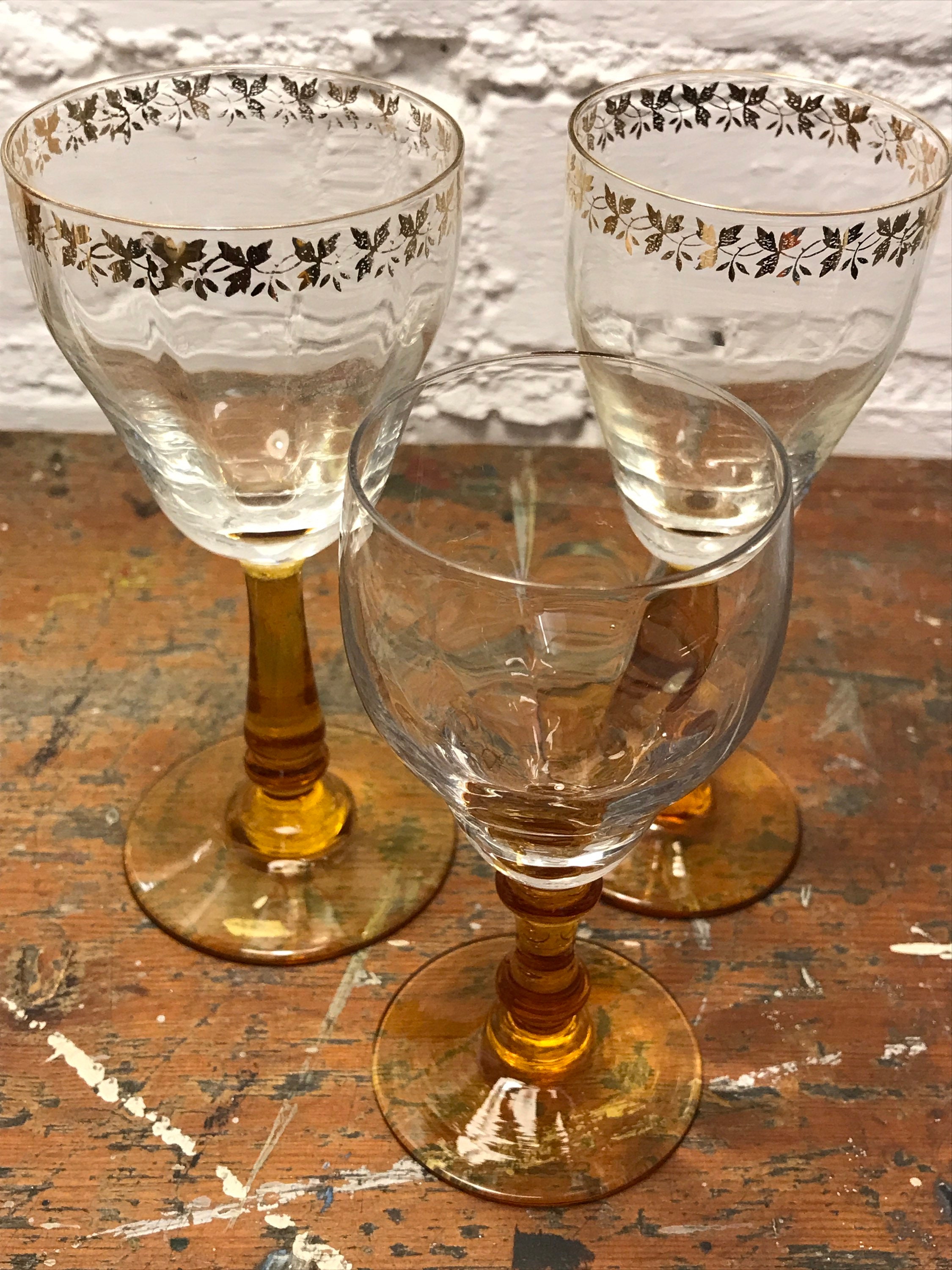 2 Tiny Vintage Sherry Port Glasses Amber Stems and Gold Leaf Festive Xmas Design 2 Tiny Vintage Sherry Port Glasses Amber Stems and Gold Leaf Festive Xmas Design