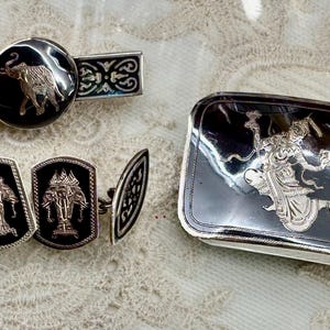 Vintage Niello Sterling Silver Men’s Set: Belt Buckle, Cufflinks, Tie Clip Siam