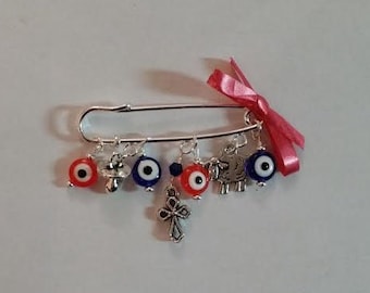 Stroller pin, Evil eye pin, baptism pin, baby brooch, evil eye baby safety pin, cross pin, baby shower gift, mom to be gift, unique gift