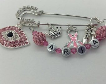 Pink stroller pin, ballet pin, dance bag pin, evil eye pin, tutu pin, baby shower gift, baby girl pin, stroller accessories, baby brooch