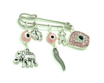 Italian horn pin, christening pin, baptism pin, cross pin, italian pin, evil eye pin, stroller pin, baby shower gift, good luck pin