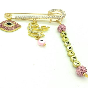 Gold rhinestone Allah stroller pin, Evil eye pin, name pin, personalized pin, islamic baby gift, muslim baby gift, baby shower gift, newborn