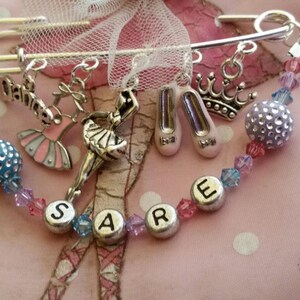 Dance bag pin, knapsack pin, personalized pin, stroller pin, pink girl pin, name pin, ballet pin, personalized girl safety pin, unique gift