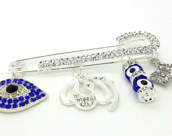 Allah evil eye pin, stroller pin, crown pin, blue evil eye pin, bedazzled pin, muslim baby gift, islamic baby gift, newborn gift, baby pin