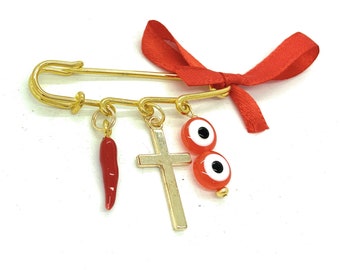 Italian red pepper pin, malocchio pin, red  safety pin, italian cornicelli cornetto stroller pin, stroller pin, evil eye pin, good luck pin