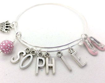 Girls name bracelet, girl name bangle, girls charm bracelet, kids name bracelet, girls charm bangle, kids charm bangle, girls dance bangle
