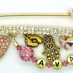 Stroller pin, Evil eye pin, gold evil eye pink safety pin, baby brooch, personalized baby pin, hamsa pin, unique baby gift, baby shower gift