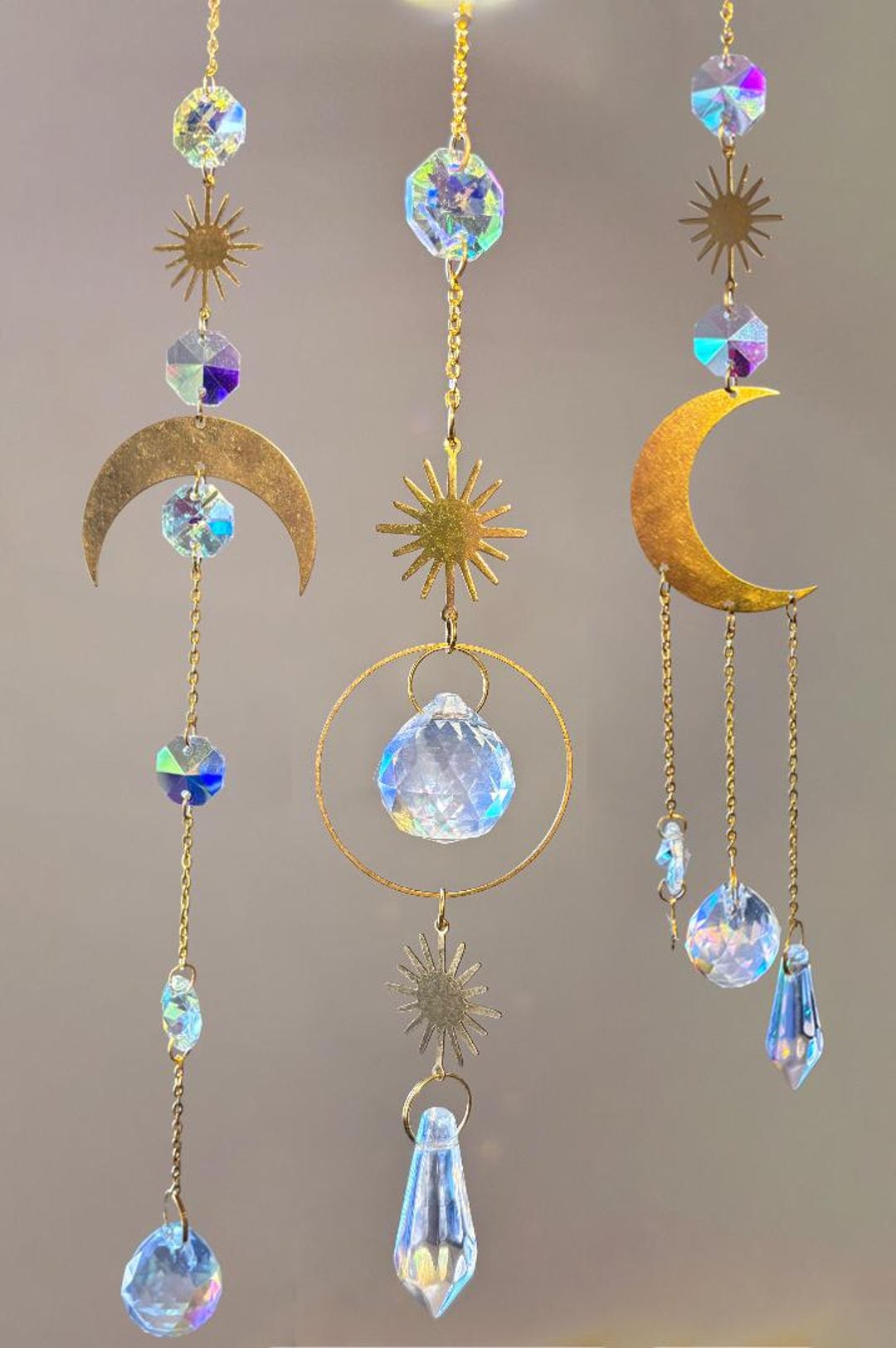 Celestial Sun & Moon Crystal Suncatcher: Boho Rainbow Window Prism ...