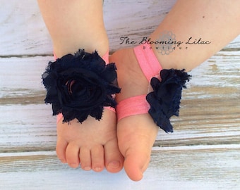 Navy Blue and Coral Baby Barefoot Sandals - Newborn Baby Barefoot Sandals - Newborn Clothing- Baby Clothing Photography Prop Toddler Sandals