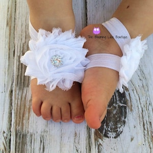 White Baby Barefoot Sandals with Rhinestone - Newborn Sandals - Baby Shoes - Photography Prop - Baptism Barefoot Sandals - Preemie Sandals