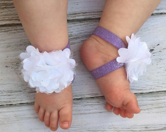 Lavender Glitter and White Satin Mesh Puff Baby Barefoot Sandals-Easter-Newborn Baby BarefootSandals-Newborn Clothing-PhotographyProp-Spring