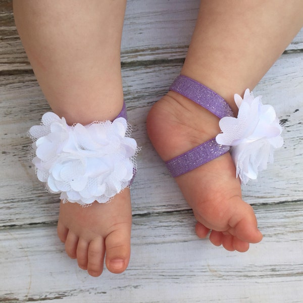 Lavender Glitter and White Satin Mesh Puff Baby Barefoot Sandals-Easter-Newborn Baby BarefootSandals-Newborn Clothing-PhotographyProp-Spring