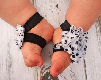 White with Black Polka Dotted Baby Barefoot Sandals  - Photography Prop - Baby Sandals - Newborn Sandals