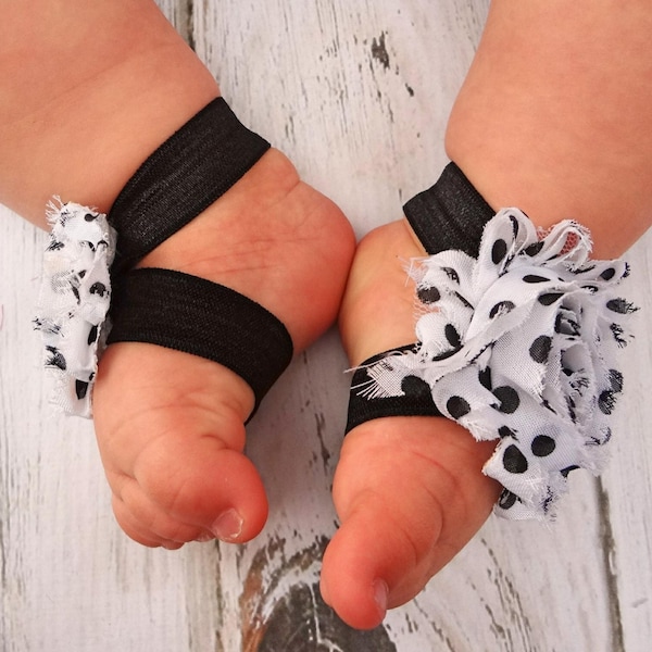 White with Black Polka Dotted Baby Barefoot Sandals  - Photography Prop - Baby Sandals - Newborn Sandals