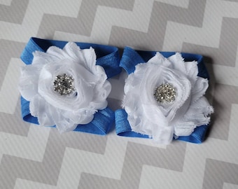 Blue band with white flower and Rhinestone- Newborn sandals- baby barefoot sandals- girls clothing- Photography prop- accessories