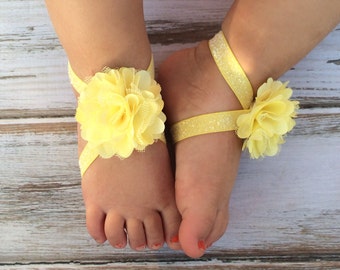 Yellow Glitter and Yellow Satin Mesh Puff Baby Barefoot Sandals - Newborn Baby Barefoot Sandals - Newborn Clothing-Photography Prop-Easter